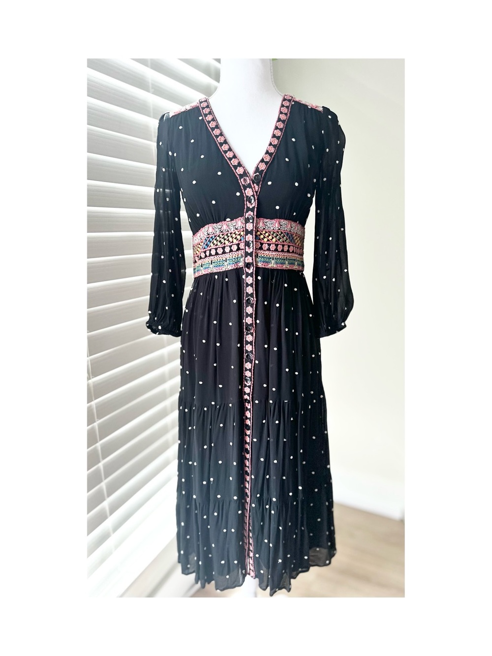Anthropologie Black Polka Dot Midi Dress with Pink Embroidered Waist